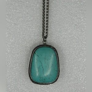 Silver Tone Large Bezel Oval Turquoise Pendant Necklace Adjustable Lobster Clasp